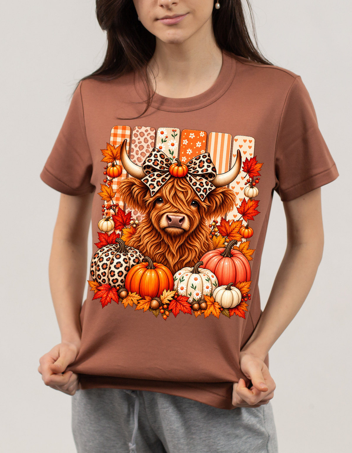 Highland Cow Leopard Bow Fall T-Shirt - product mockup