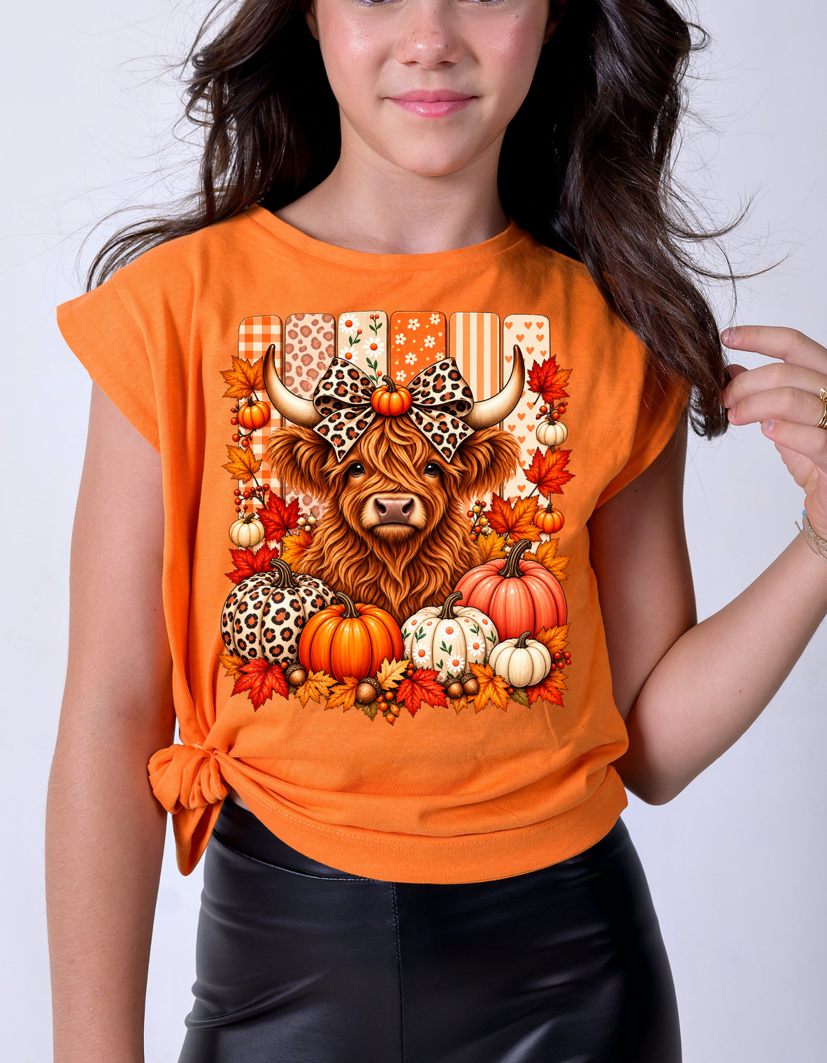 Highland Cow Leopard Bow Fall T-Shirt - product mockup