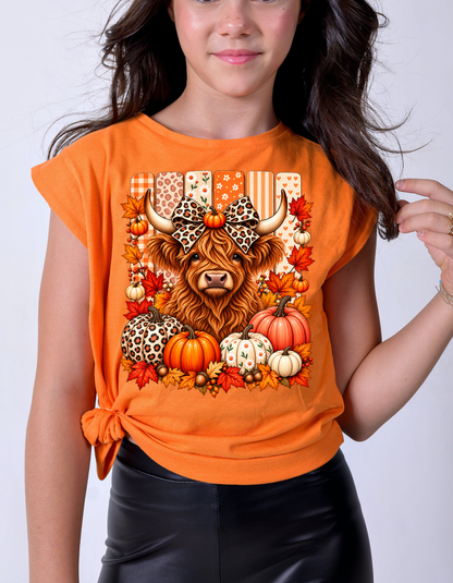 Highland Cow Leopard Bow Fall T-Shirt - product mockup