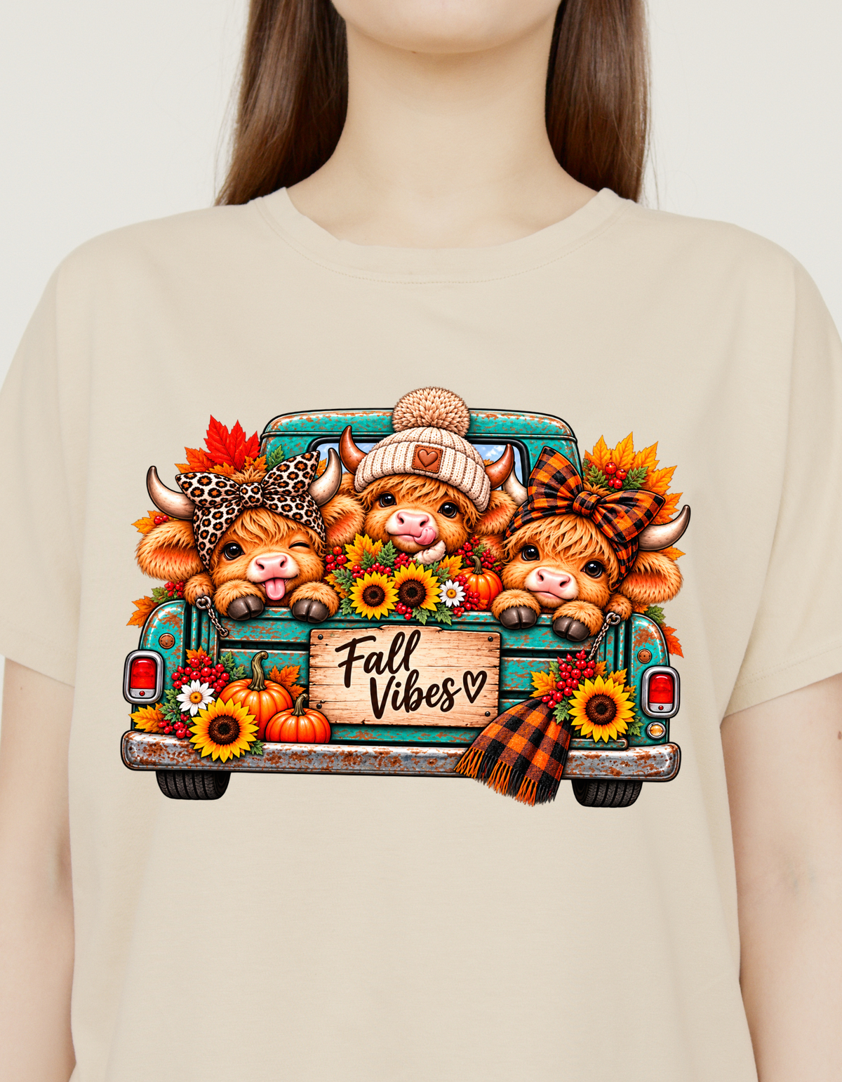 Fall Vibes Highland Cow Truck T-Shirt - product mockup