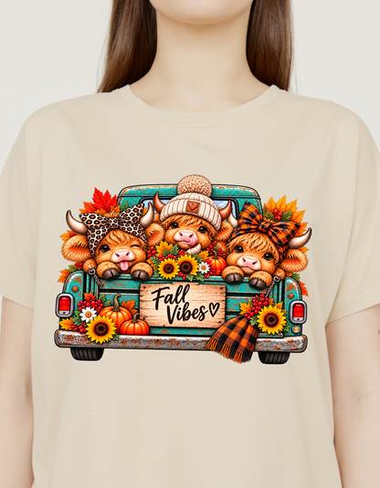 Fall Vibes Highland Cow Truck T-Shirt - product mockup