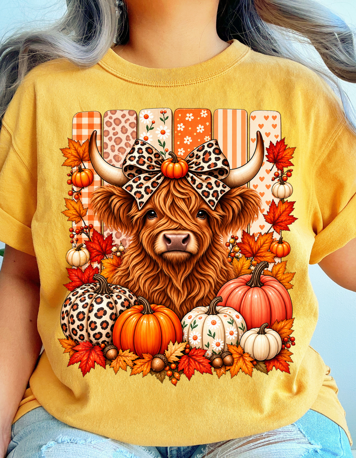 Highland Cow Leopard Bow Fall T-Shirt - product mockup
