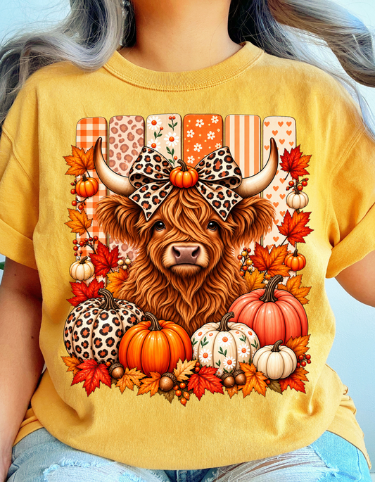 Highland Cow Leopard Bow Fall T-Shirt - product mockup