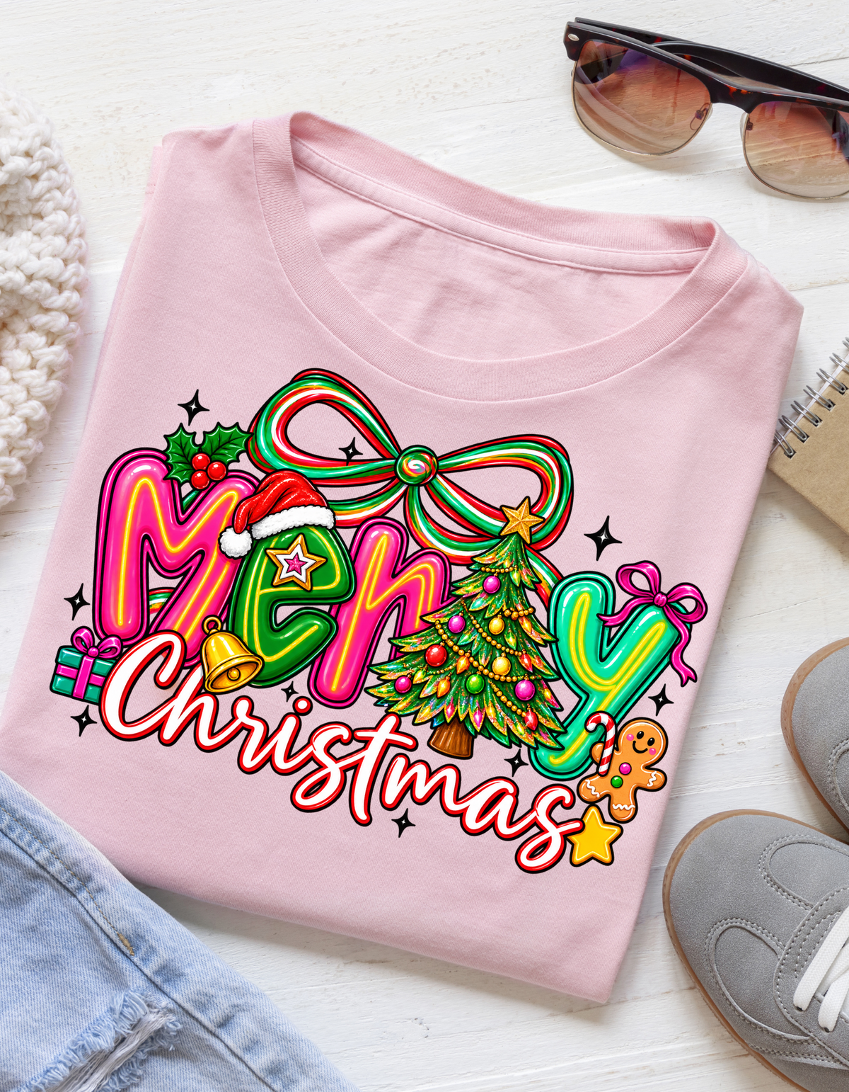 Merry Christmas Colorful Retro Christmas T-Shirt - product mockup