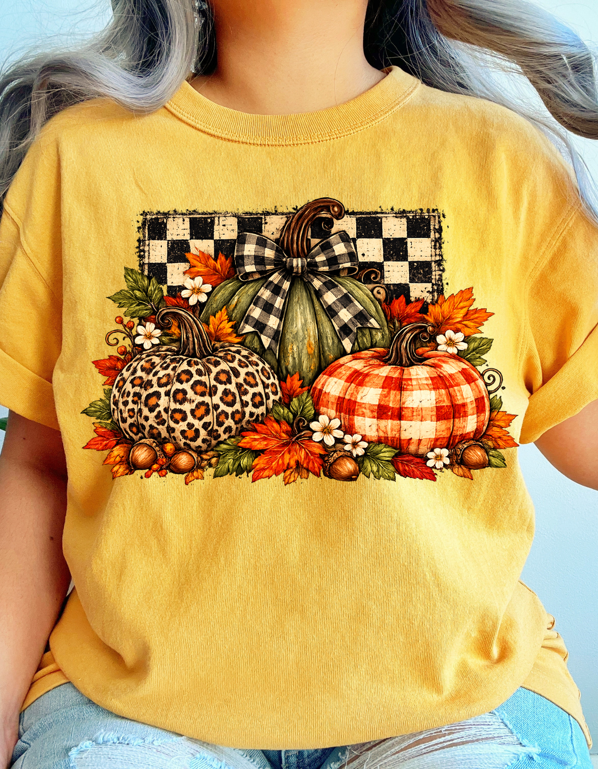 Leopard Plaid Pumpkins Fall T-Shirt - product mockup