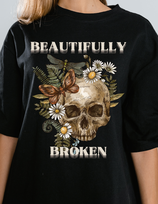 Beautifully Broken Skull T-Shirt – Floral Grunge Aesthetic Tee